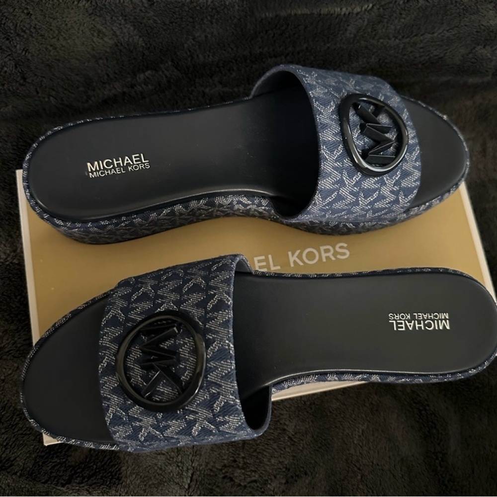Michael Kors Navy Patterned Slide Sandals